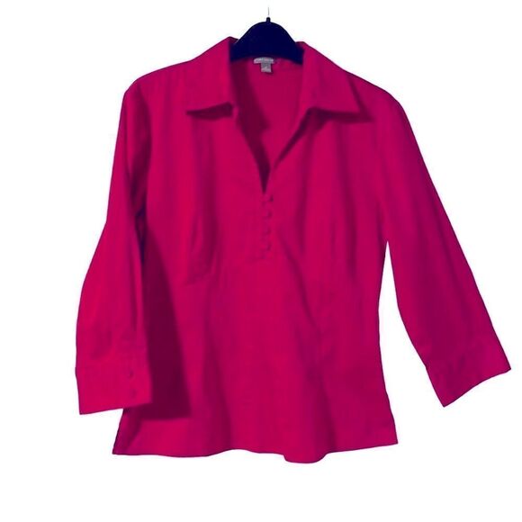 Ann Taylor fitted cotton spandex rich cool red blouse w collar & buttons M - Picture 1 of 15